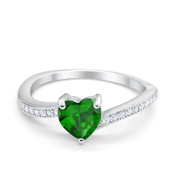 Heart Promise Ring Simulated Green Emerald CZ 925 Sterling Silver